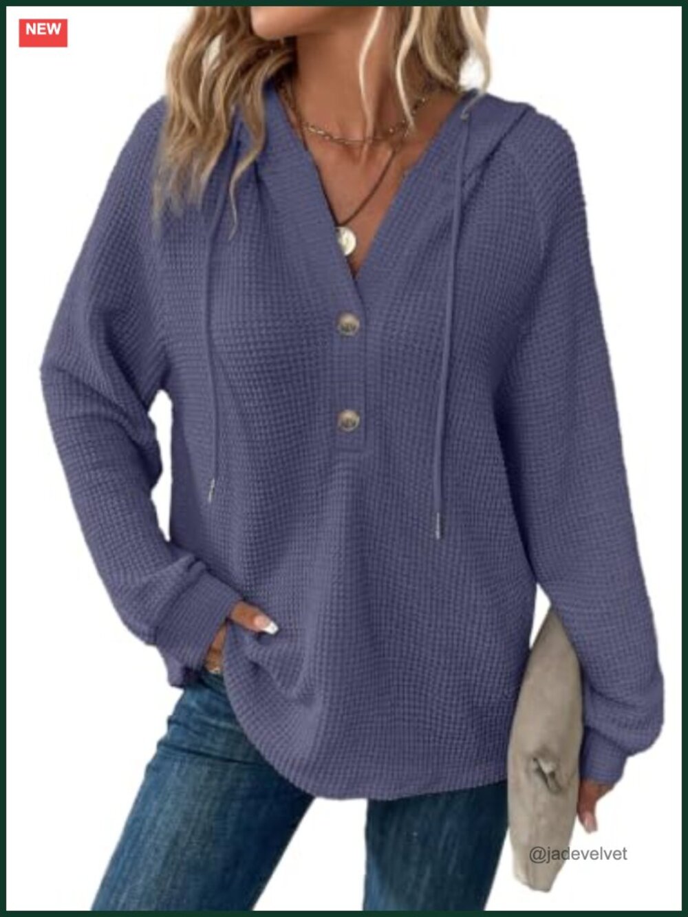 Waffle Knit Button V Neck Oversized Hoodie Sweatshirt for Women
